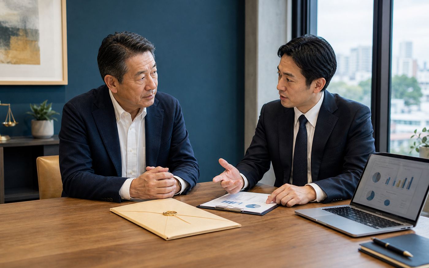 松戸の会社売却相談で秘密保持を前提に資料を確認する経営者とアドバイザー