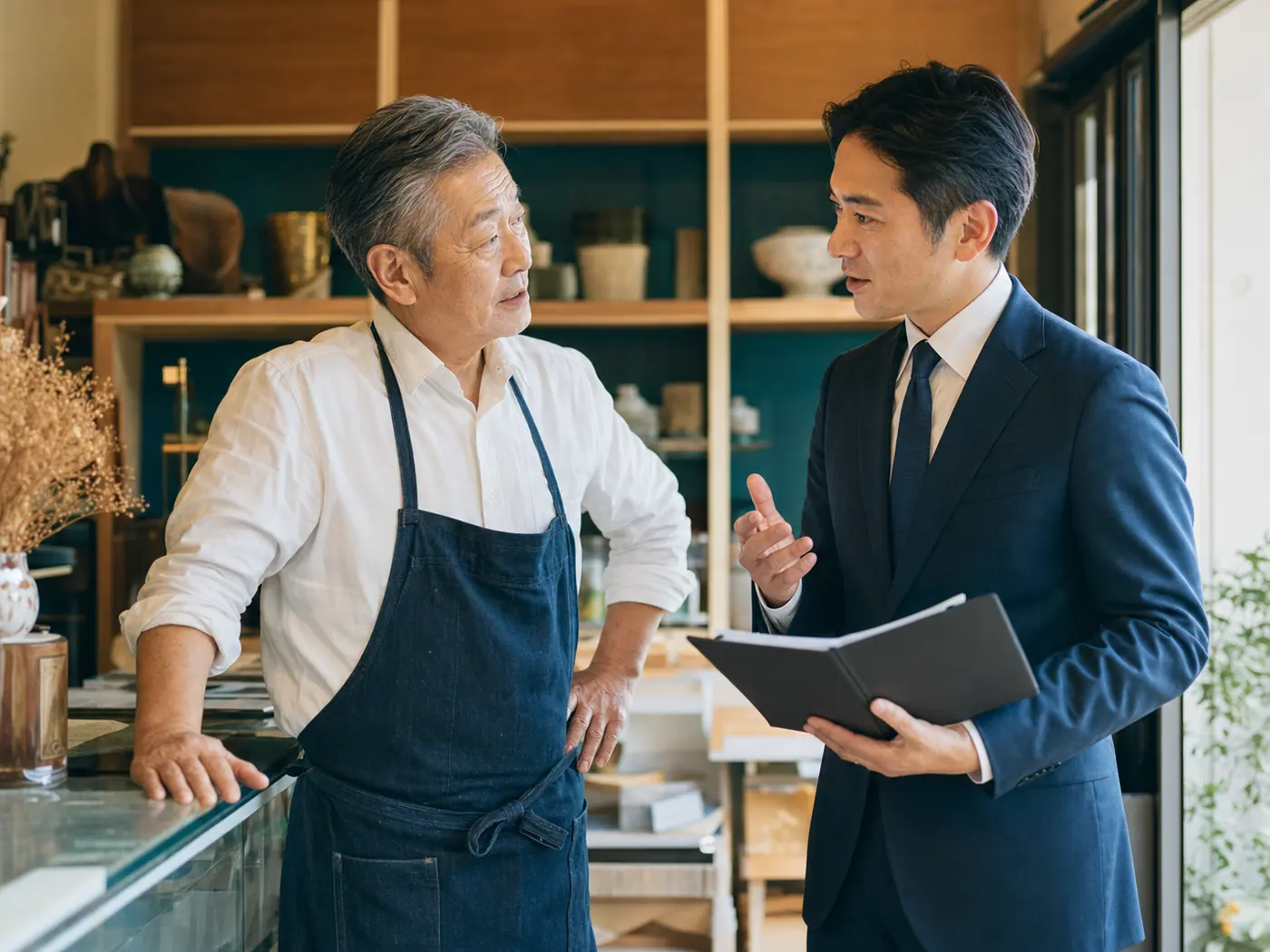松戸の店舗事業承継について相談する経営者とM&Aアドバイザー